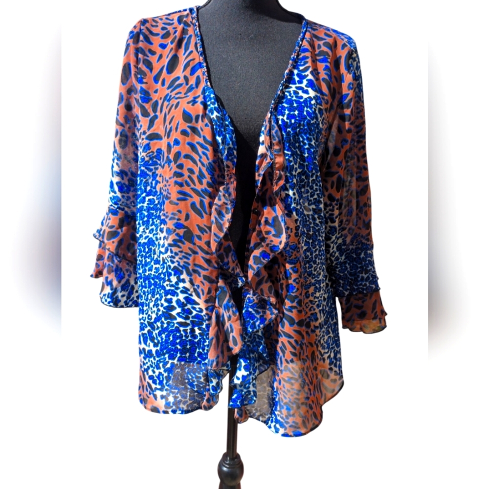Avant-Garde Luxury: AREA Women's Blue & Brown Animal Print Ruffle V-Neck Top  XL